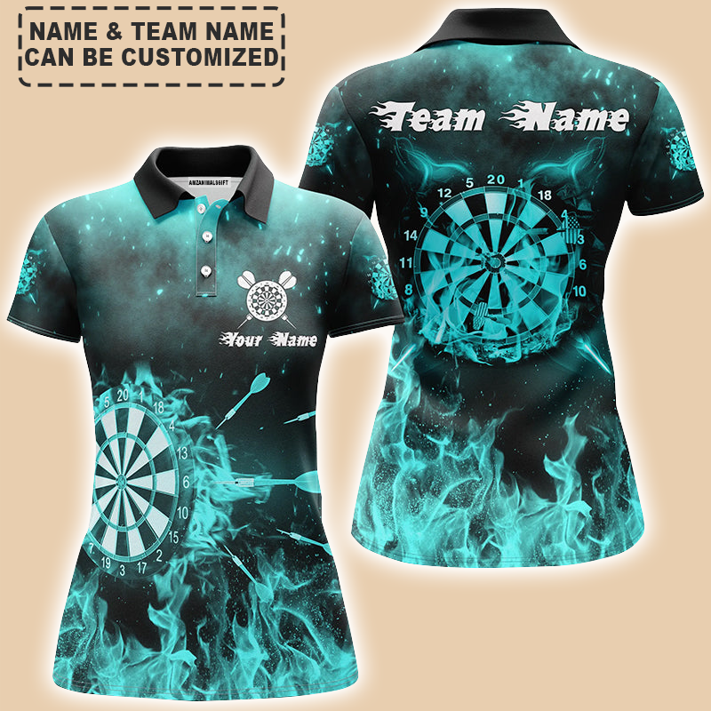 Personalized Darts Women Polo Shirt - Custom Name & Team Name Turquoise Fire Flame Polo Shirt For Women, Darts Team, Darts Lover