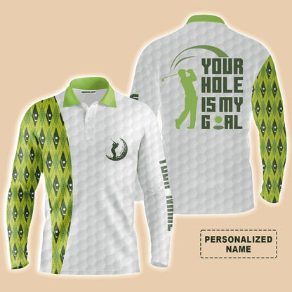 Custom Golf Long Sleeve Men Polo Shirt -Your Hole Is My Goal Green Argyle Pattern Polo Shirt, White And Green Golf Shirt For Men, Golf Lover