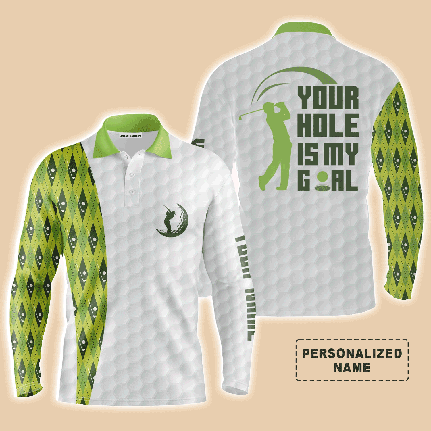 Custom Golf Long Sleeve Men Polo Shirt -Your Hole Is My Goal Green Argyle Pattern Polo Shirt, White And Green Golf Shirt For Men, Golf Lover