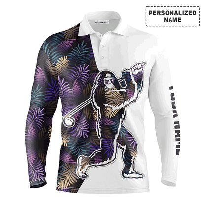 Custom Golf Long Sleeve Men Polo Shirt, Bigfoot Funny Colorful Tropical Leaves Pattern Polo Shirt - Perfect Polo Shirt For Men, Golf Lover