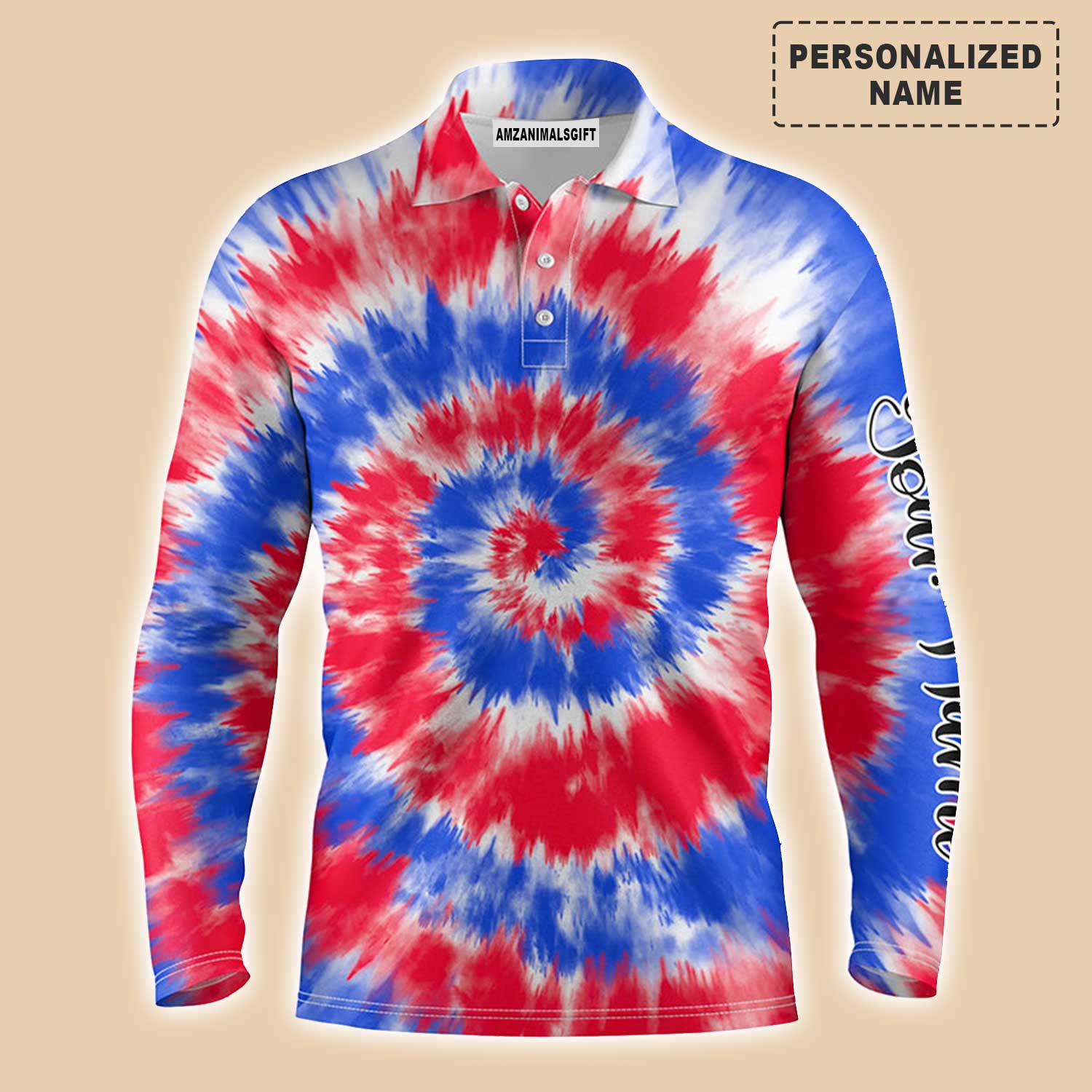 Golf Long Sleeve Men Polo Shirt - Red And Blue Tie Dye Background Custom Name Golf Men Polo Shirt - Personalized Gift For Golf Lover, Team, Golfer, Husband, Boyfriend