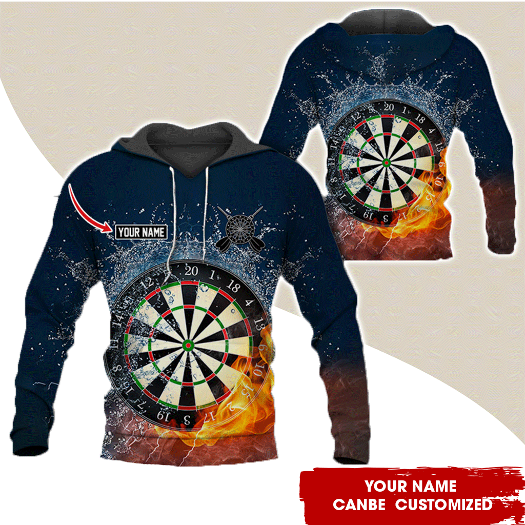 Personalized Name Darts Premium Hoodie, Water & Fire Pattern Darts Navy Hoodie, Perfect Gift For Darts Lovers, Friend, Family