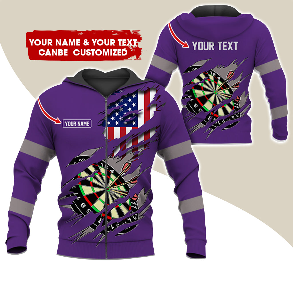 Customized Name & Text American Flag Darts Premium Zip Hoodie, Personalized Dartboard Zip Hoodie For Men & Women - Gift For Darts Lovers, Darts Players