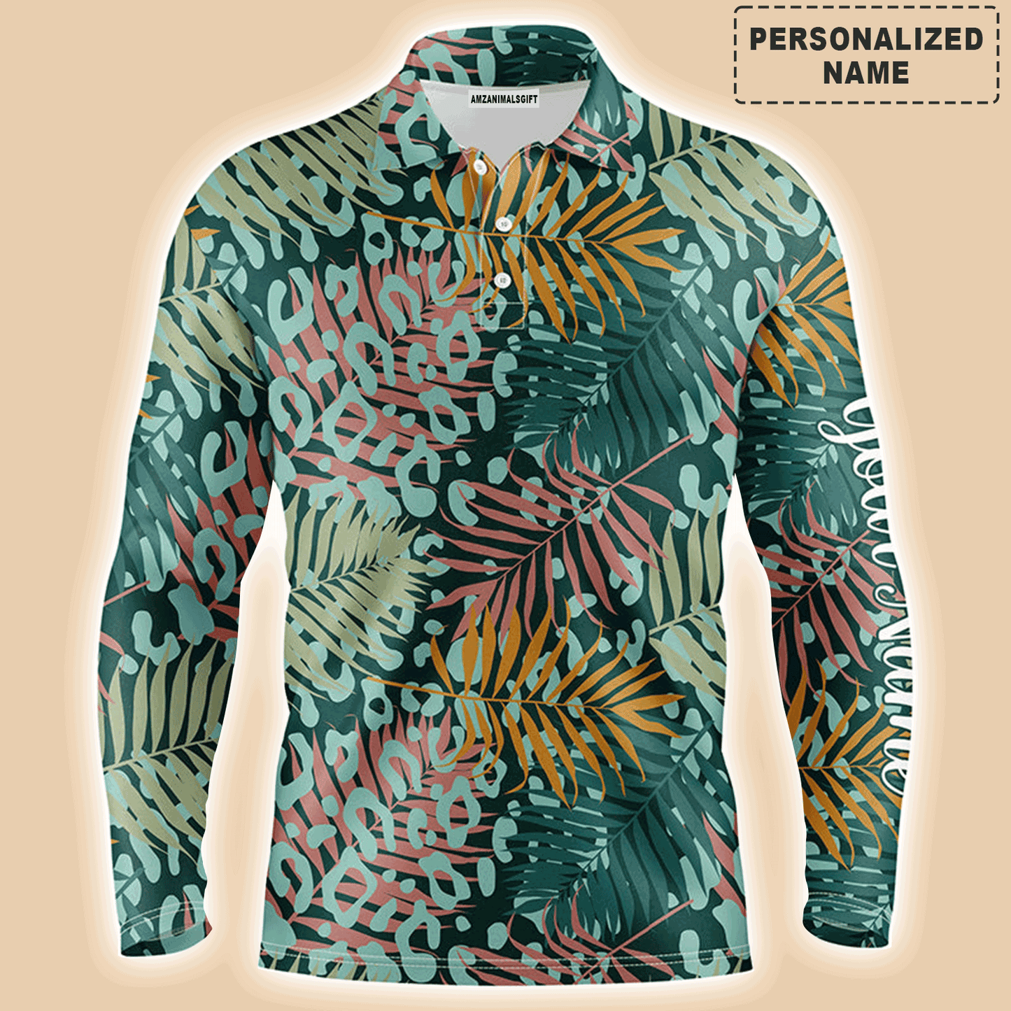 Custom Golf Long Sleeve Men Polo Shirt- Green Tropical Pattern With Palm Leopard Custom Name Apparel - Personalized Gift For Men, Golf Lover