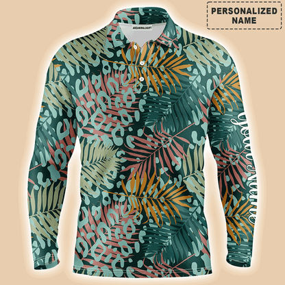 Custom Golf Long Sleeve Men Polo Shirt- Green Tropical Pattern With Palm Leopard Custom Name Apparel - Personalized Gift For Men, Golf Lover