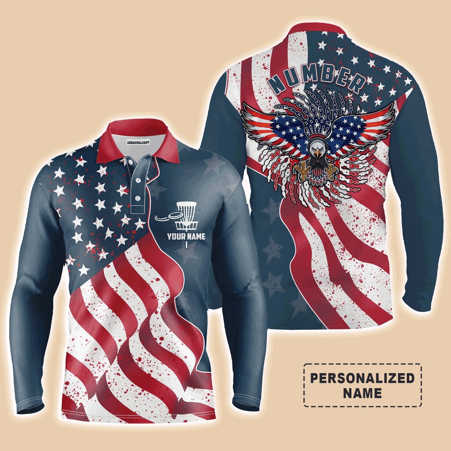 Custom Disc Golf Long Sleeve Men Polo Shirt - Custom Name And Number Eagle American Flag Men Polo Shirt For Men, Disc Golf Lover