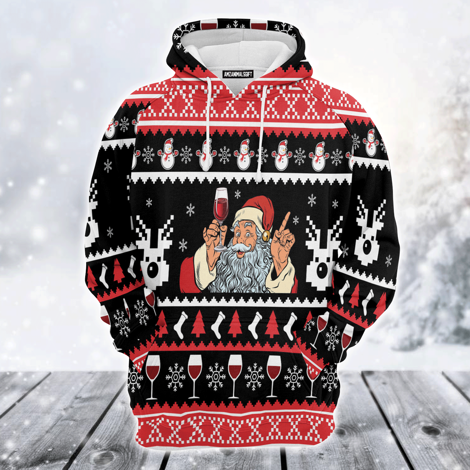 Santa Drinking Premium Christmas Hoodie, Santa Drinking Red Wine  Unisex Hoodie For Men & Women - Perfect Gift For Christmas, Friends, Family