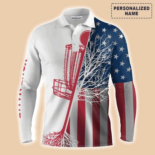 Custom Golf Long Sleeve Men Polo Shirt - American Flag Disc Golf Basket Custom Name Apparel - Personalized Gift For Disc Golf Lover, Team, 4th July