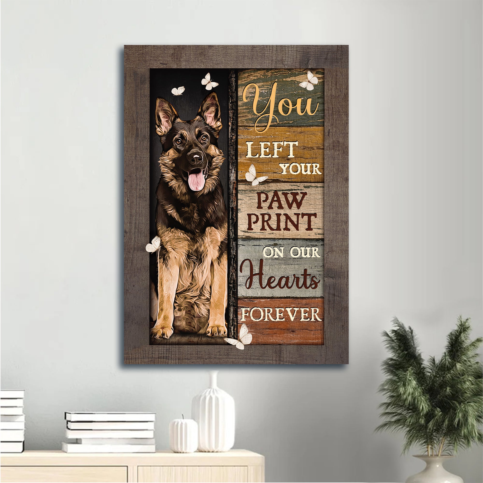 German Shepherd & Jesus Portrait Canvas - German Shepherd, White Butterfly, You Left Your Paw Print On Our Hearts - Gift For Dog Lovers, Christian