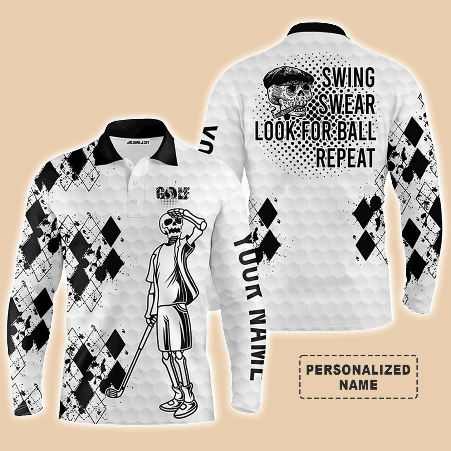 Custom Golf Long Sleeve Men Polo Shirt- Custom Name Black White Golf Skull Apparel, Swing Swear Look For Ball Repeat Men Polo Shirt