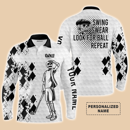 Custom Golf Long Sleeve Men Polo Shirt- Custom Name Black White Golf Skull Apparel, Swing Swear Look For Ball Repeat Men Polo Shirt