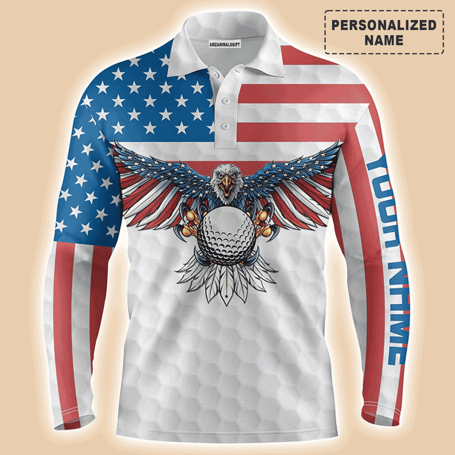 Custom Golf Long Sleeve Men Polo Shirt - Custom Name American Flag Eagle Golf Ball Apparel Polo Shirt - Personalized Gift For Men, Golf Lover