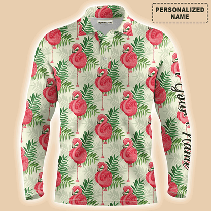 Custom Golf Long Sleeve Men Polo Shirt - Custom Name Pink Flamingo Green Tropical Leaf Pattern Apparel - Personalized Gift For Men, Golf Lover