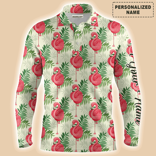 Custom Golf Long Sleeve Men Polo Shirt - Custom Name Pink Flamingo Green Tropical Leaf Pattern Apparel - Personalized Gift For Men, Golf Lover