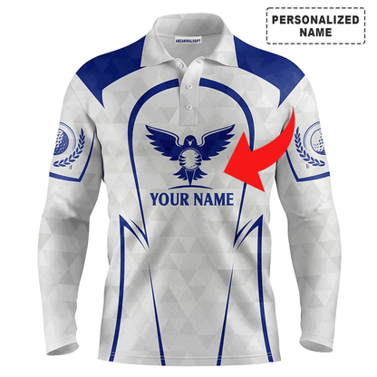 Custom Golf Long Sleeve Men Polo Shirt - Golf Clubs Custom Name And Logo Blue & White Apparel - Personalized Gift For Men, Golf Lover