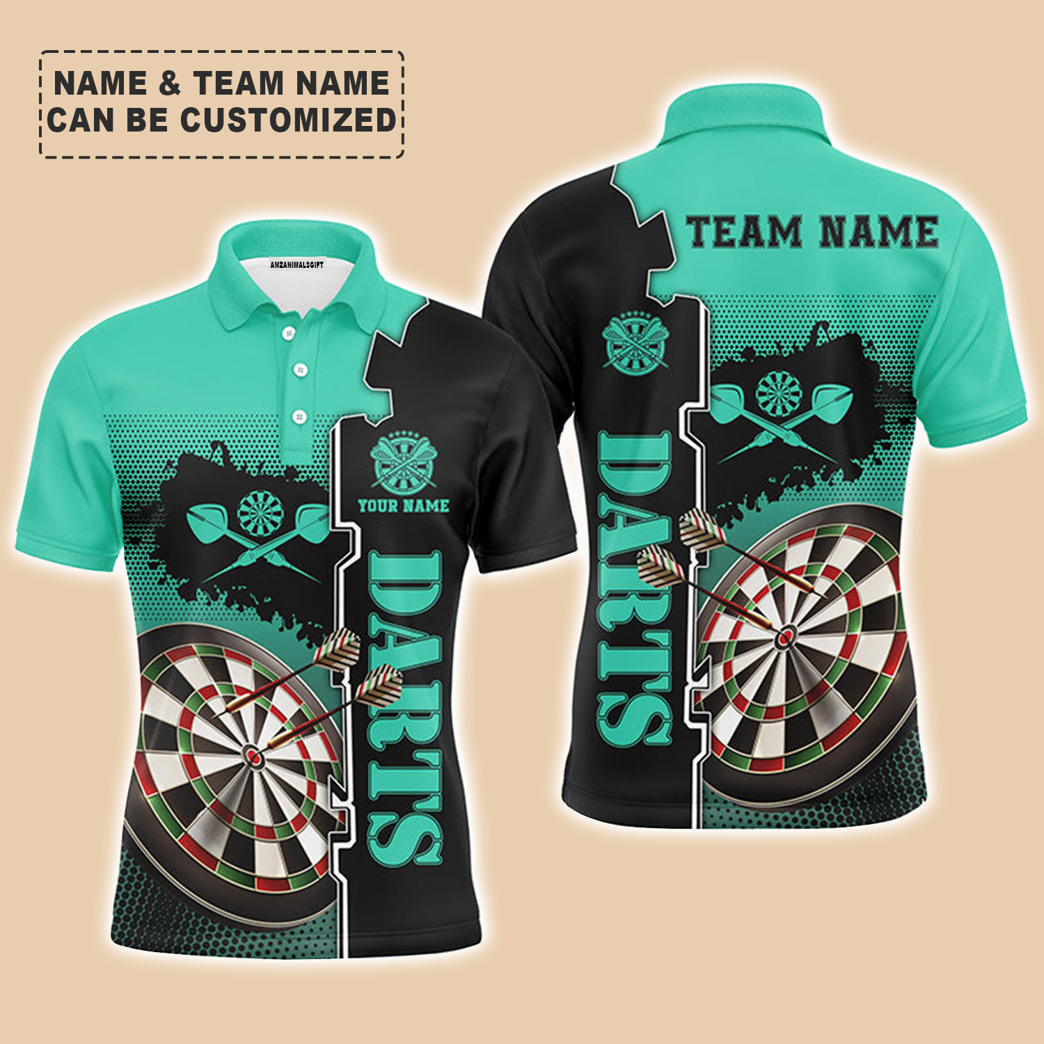 Personalized Darts Men Polo Shirt - Custom Name & Team Name Turquoise Black Polo Shirt For Men, Darts Team, Darts Lover