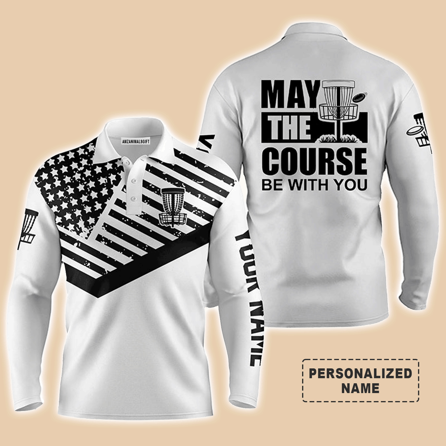 Custom Golf Long Sleeve Men Polo Shirt- Custom Name Black White US Flag Apparel, May The Course Be With You Men Polo Shirt -Perfect Polo Shirt For Men