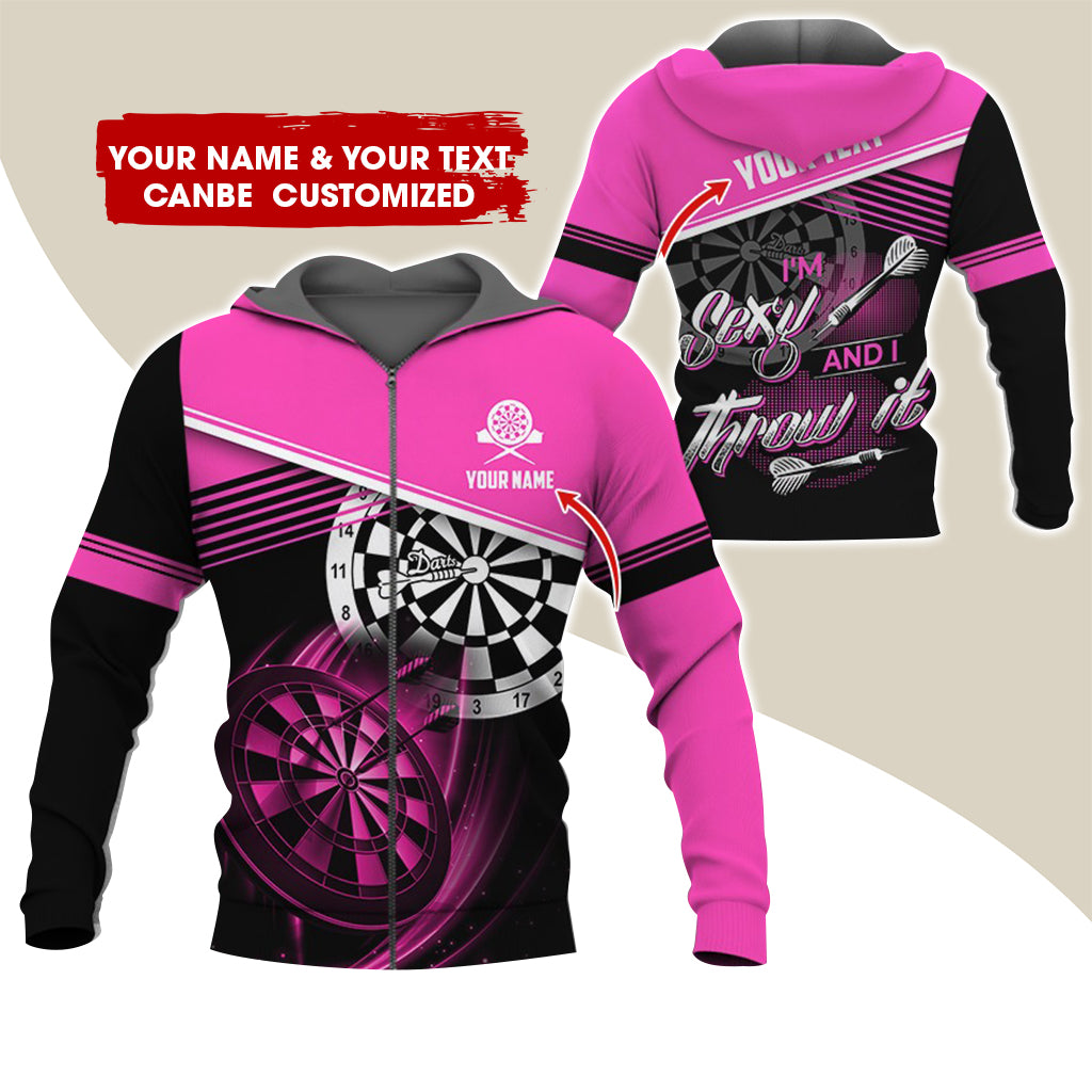 Customized Name Darts Premium Zip Hoodie, Custom Name & Text I'm Sexy And I Throw It Zip Hoodie For Men & Women - Gift For Darts Lovers, Darts Players