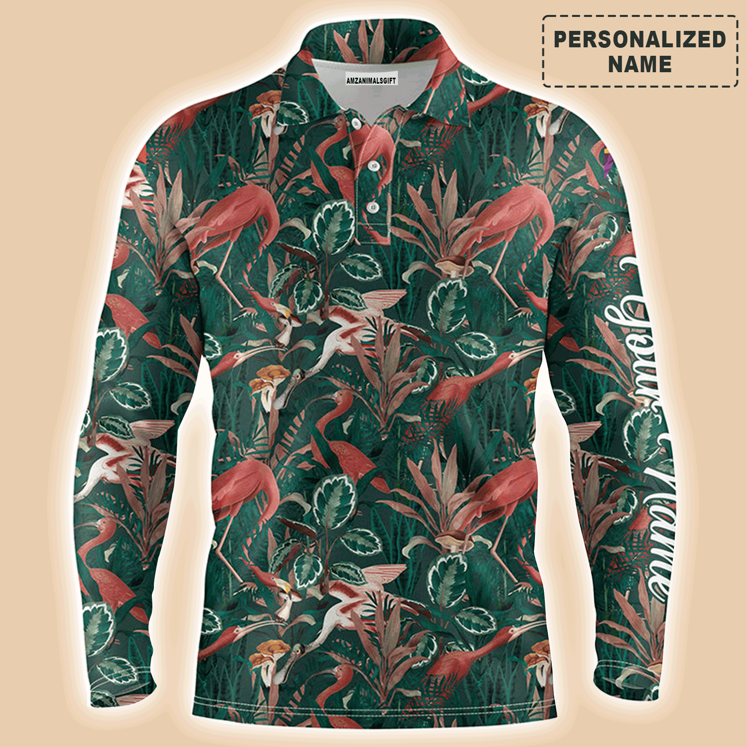 Custom Golf Long Sleeve Men Polo Shirt - Custom Name Flamingo Green Tropical Jungle Pattern Apparel - Personalized Gift For Men, Golf Lover