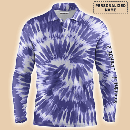 Golf Men Polo Shirt - Custom Name Violet Purple Tie Dye Background Apparel Men Golf Polo Shirt - Personalized Gift For Golf Lover, Male, Husband, Team Golf