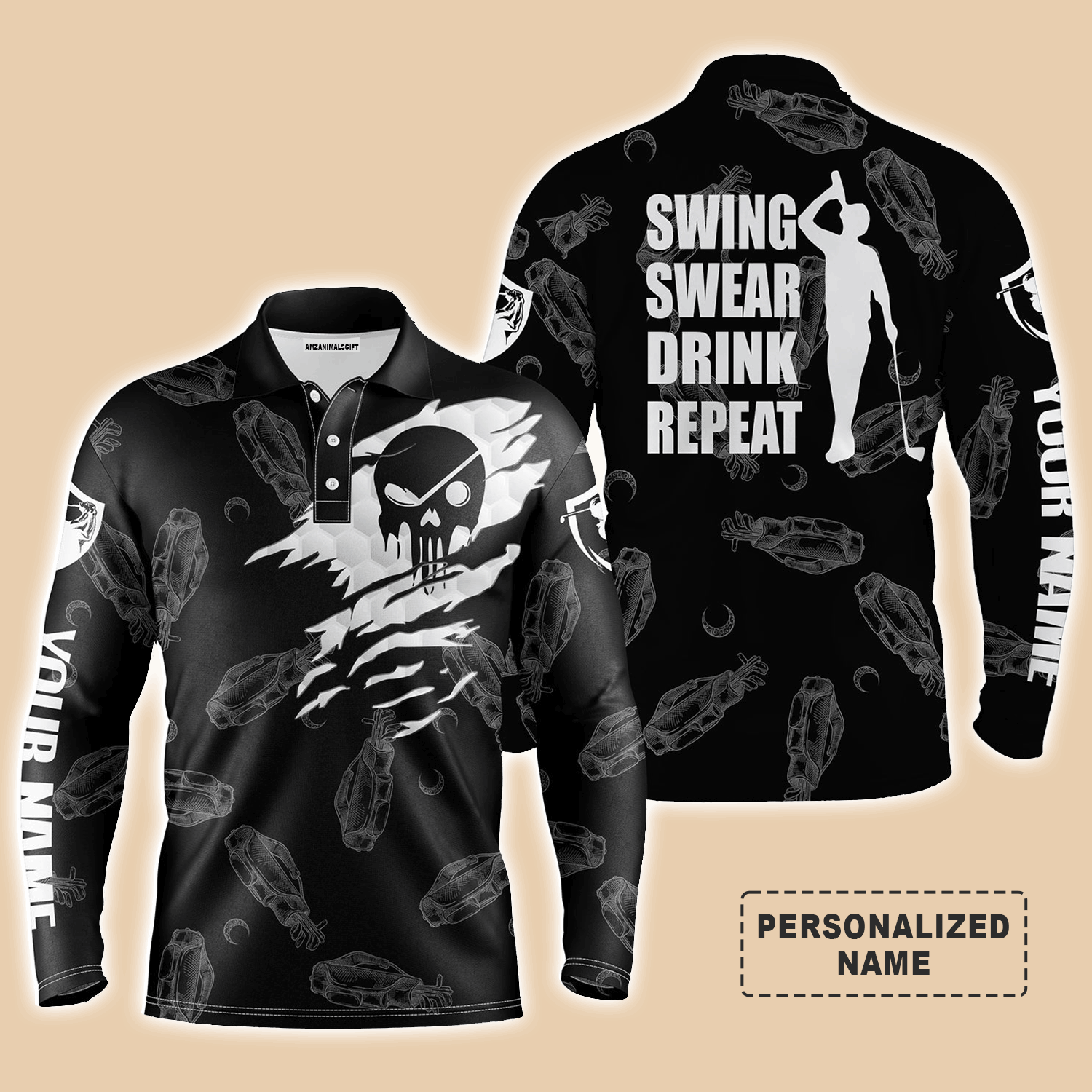 Custom Golf Long Sleeve Men Polo Shirt, Swing Swear Drink Repeat Custom Name Black Golf Clubs Pattern Polo SHirt For Men, Golf Lovers