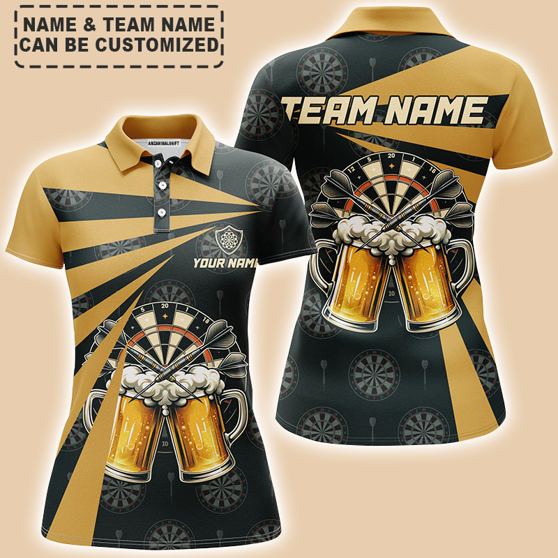 Personalized Darts Women Polo Shirt - Custom Name & Team Name Black Yellow Beer Polo Shirt For Women, Darts Team, Darts Lover