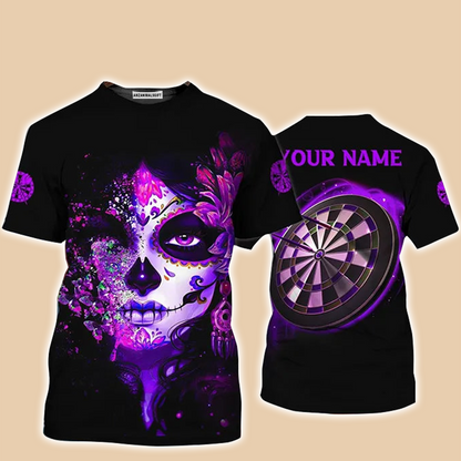 Customized Name Darts T Shirt, Sugar Skull Girl Butterfly And Darts Personalized T Shirt For Men - Gift For Darts Lovers, Darts Player, Dart Team