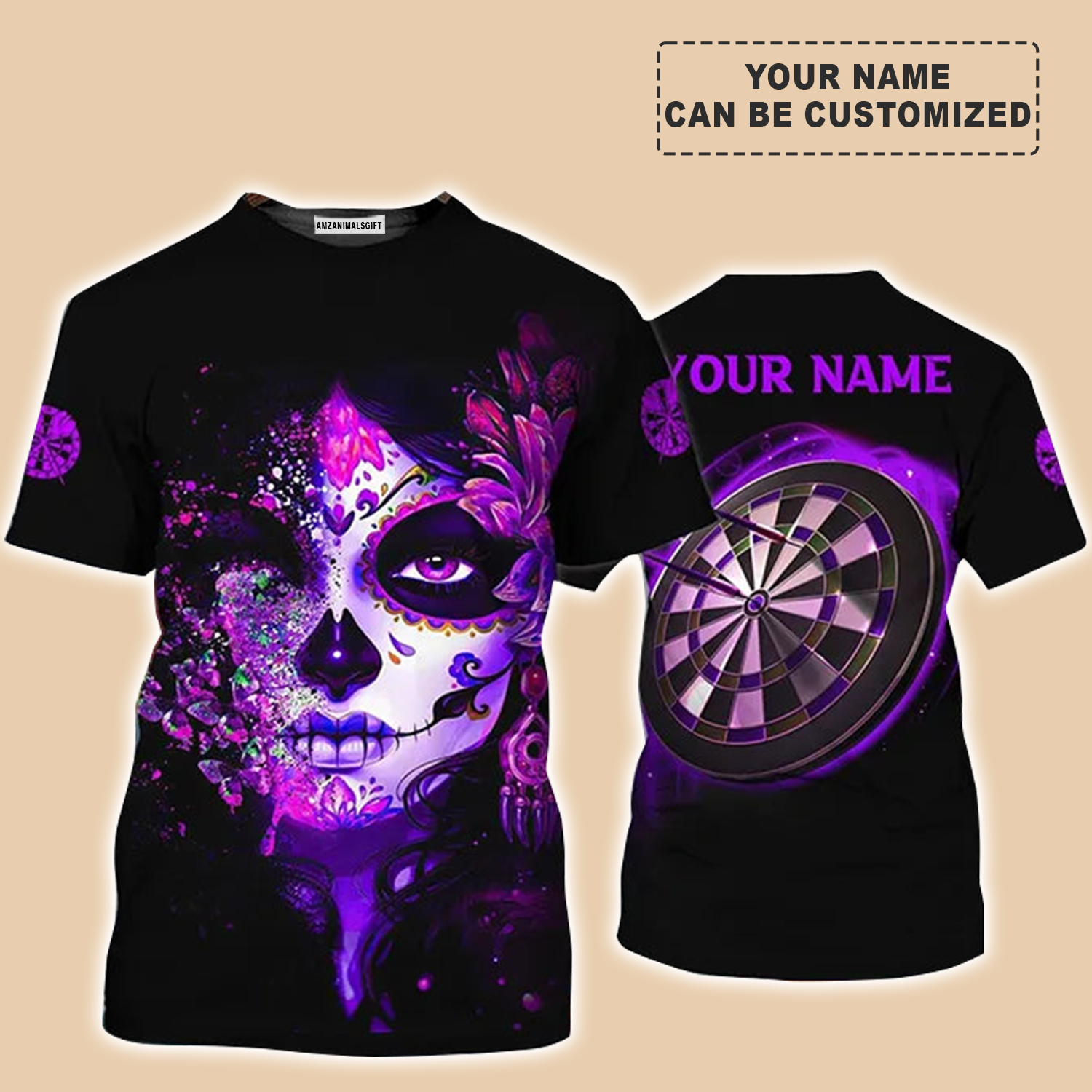 Customized Name Darts T Shirt, Sugar Skull Girl Butterfly And Darts Personalized T Shirt For Men - Gift For Darts Lovers, Darts Player, Dart Team