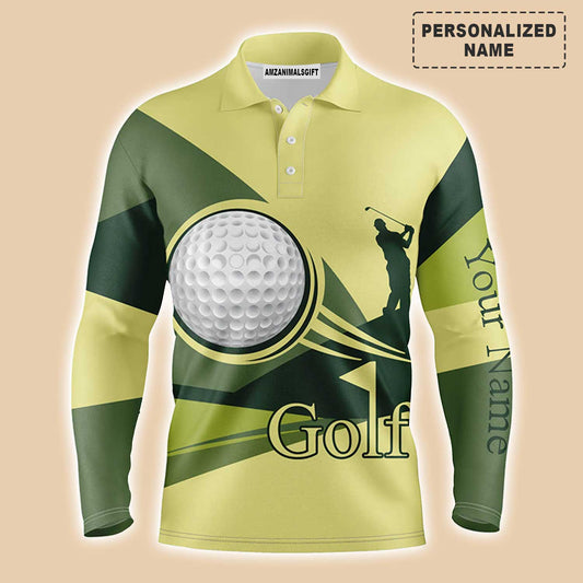 Custom Golf Long Sleeve Men Polo Shirt - Golf Balls Pattern Custom Name Green Yellow Apparel - Personalized Gift For Golf Lover, Team, Golfer