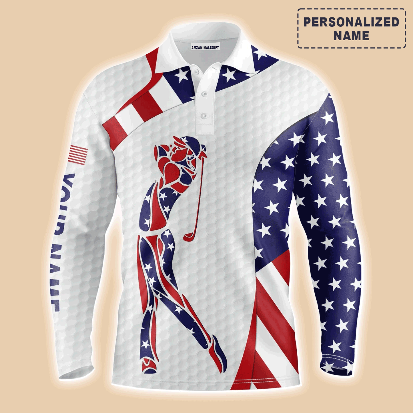 American Flag 4th of July Golf Long Sleeve Men Polo Shirt - Custom Name American Flag Polo Shirts - Personalized Gift For Men, Golf Lover