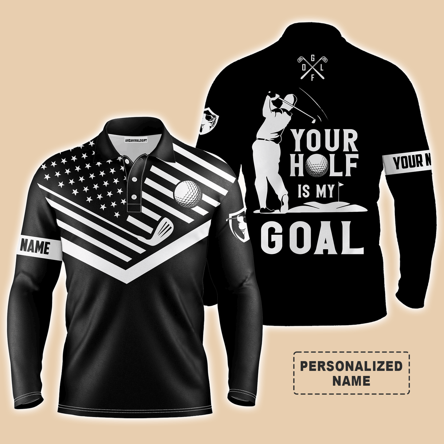 Custom Golf Long Sleeve Men Polo Shirt-Custom Name White American Flag, Your Hole Is My Goal Men Golf Polo Shirt  For Men, Golf Lover