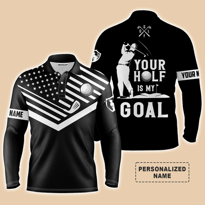 Custom Golf Long Sleeve Men Polo Shirt-Custom Name White American Flag, Your Hole Is My Goal Men Golf Polo Shirt  For Men, Golf Lover