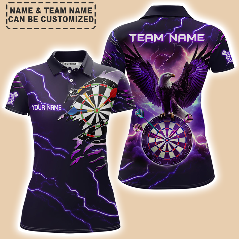 Personalized Darts Women Polo Shirt - Custom Name & Team Name Purple Thunder Lightning Eagle Darts Polo Shirt For Women, Darts Team, Darts Lover