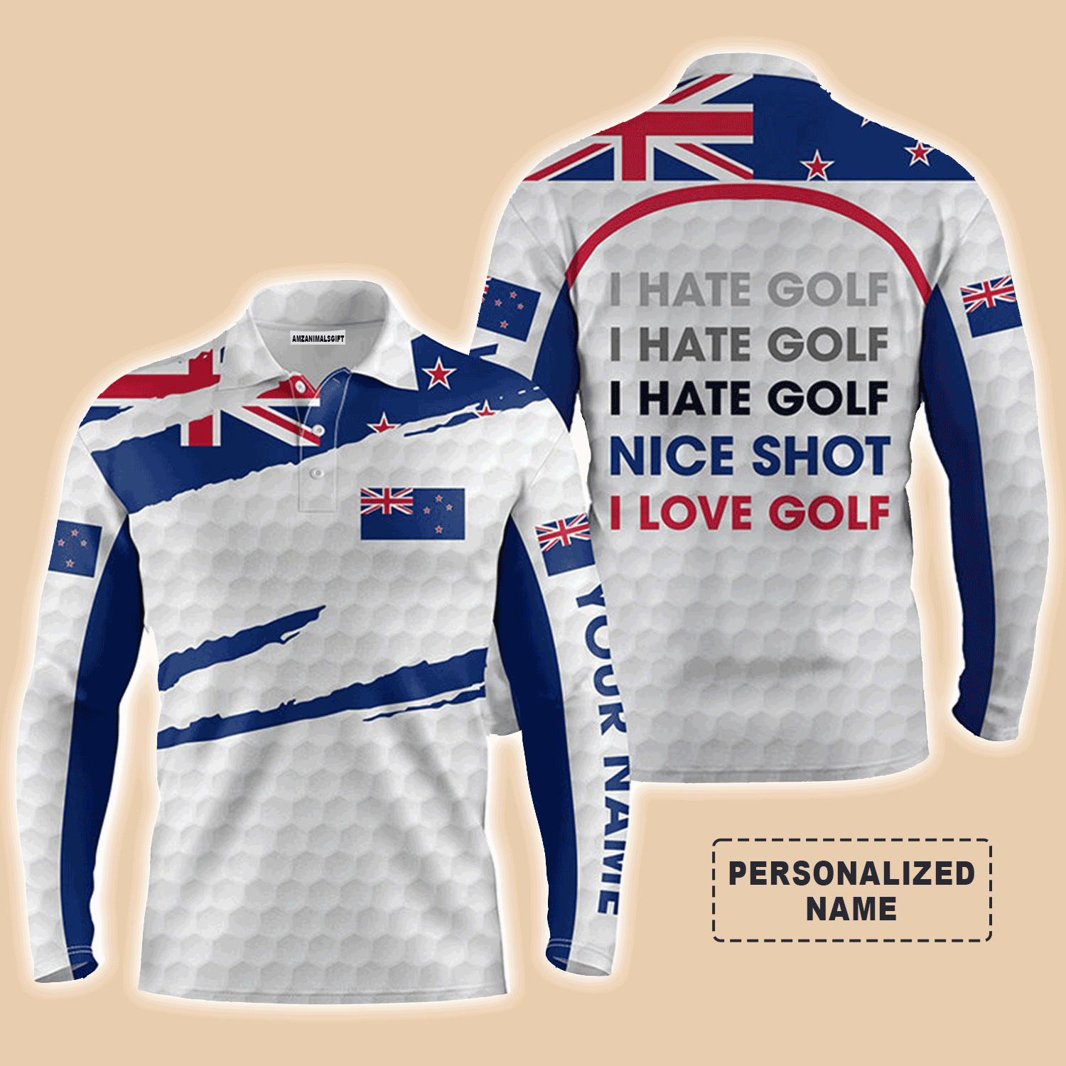 Custom Golf Long Sleeve Men Polo Shirt- Zealand Flag , New I Hate Golf Nice Shot I Love Golf Men Golf Polo Shirt For Men, Golf Lover