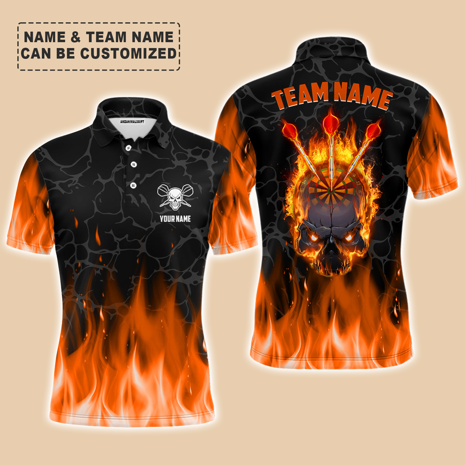 Personalized Darts Men Polo Shirt - Custom Name & Team Name Orange Flame Skull Darts Polo Shirt For Men, Darts Team, Darts Lover