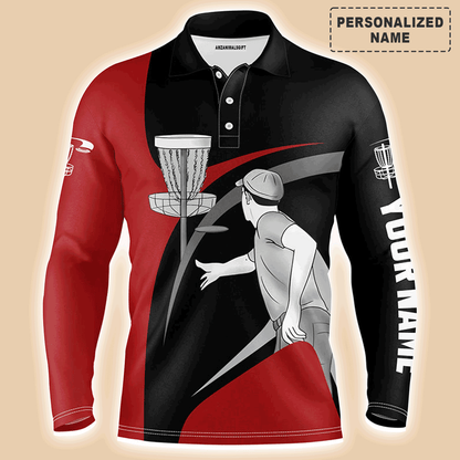 Custom Disc Golf Long Sleeve Men Polo Shirt-Custom Name Red And Black Disc Golf Apparel-Personalized Gift For Men, Disc Golf Lover