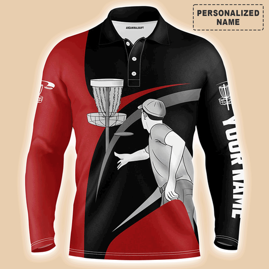 Custom Disc Golf Long Sleeve Men Polo Shirt-Custom Name Red And Black Disc Golf Apparel-Personalized Gift For Men, Disc Golf Lover