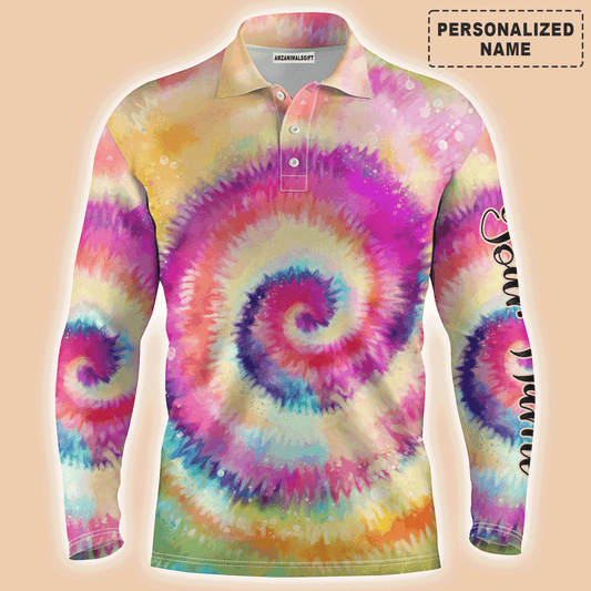 Custom Golf Long Sleeve Men Polo Shirt - Rainbow Tie Dye Background Custom Name Apparel - Personalized Gift For Men, Golf Lover