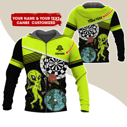 Customized Name Alien Darts Premium Zip Hoodie, Personalized Name & Text Darts Zip Hoodie For Men & Women - Gift For Darts Lovers, Darts Players