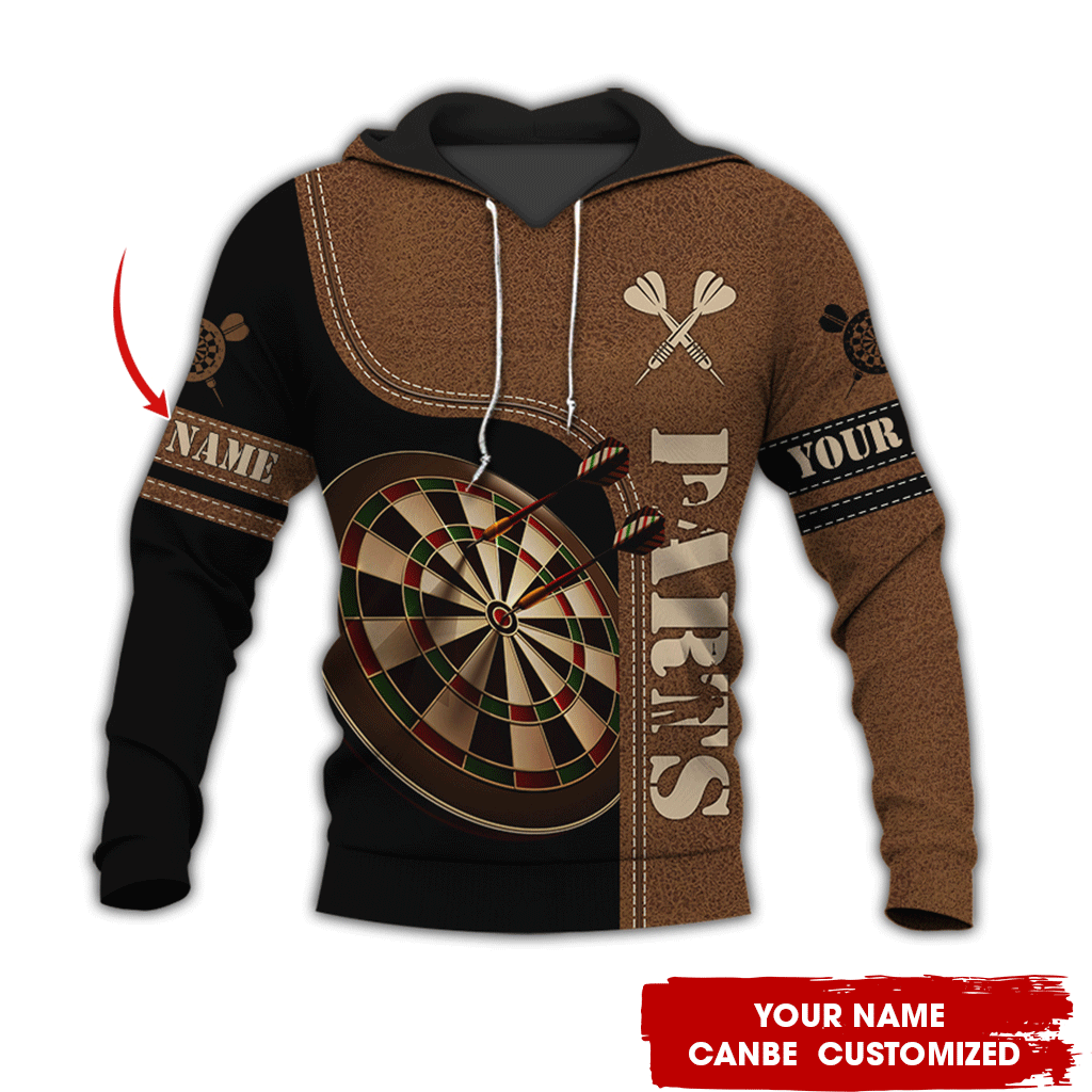 Customized Name Darts Premium Hoodie, Brown Faux Leather Texture Pattern Darts Hoodie For Men & Women - Gift For Darts Lovers, Friend, Family