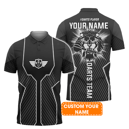 Darts Custom Name Men Polo Shirt, Black Lion Head Personalized Men Polo Shirt Gift For Darts Lovers, Friend, Darts Team Player