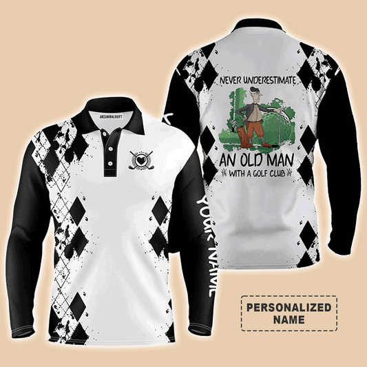 Custom Golf Long Sleeve Men Polo Shirt - Never Underestimate An Old Man With A Golf Club Men Golf Polo Shirt - Perfect Polo Shirt For Men, Golfers