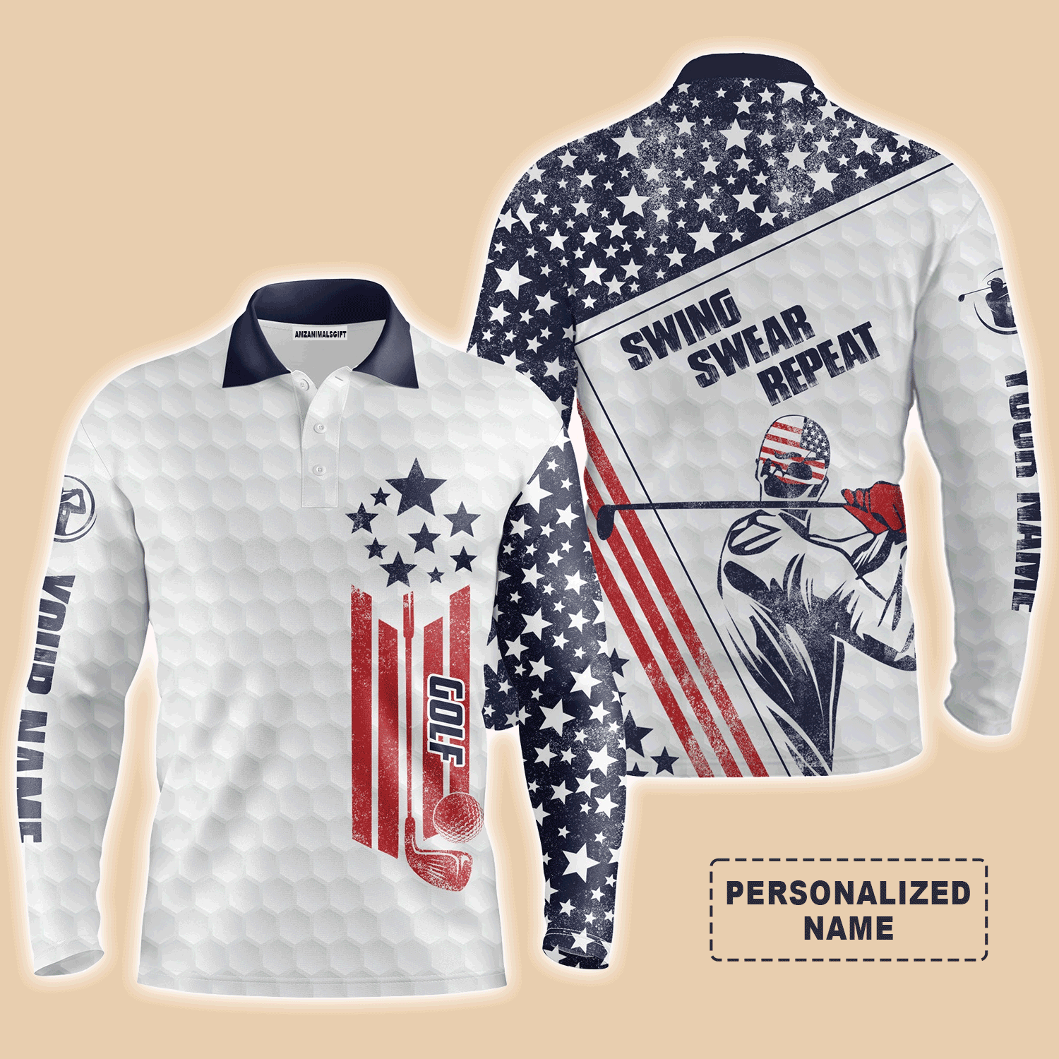 Custom Golf Long Sleeve Men Polo Shirt, Custom Name White American Flag Swing Swear Repeat Apparel- Perfect Gift For men, Golf Lover