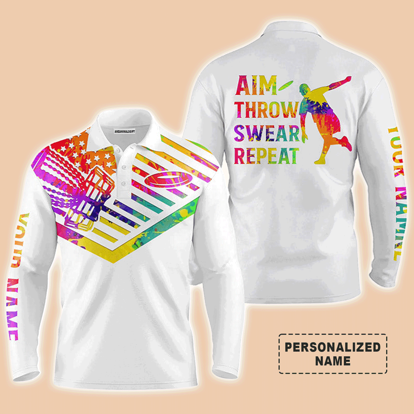 Custom Golf Long Sleeve Men Polo Shirt - Custom Name Watercolor American Flag Apparel - Personalized Gift For Men, Disc Golf Lover