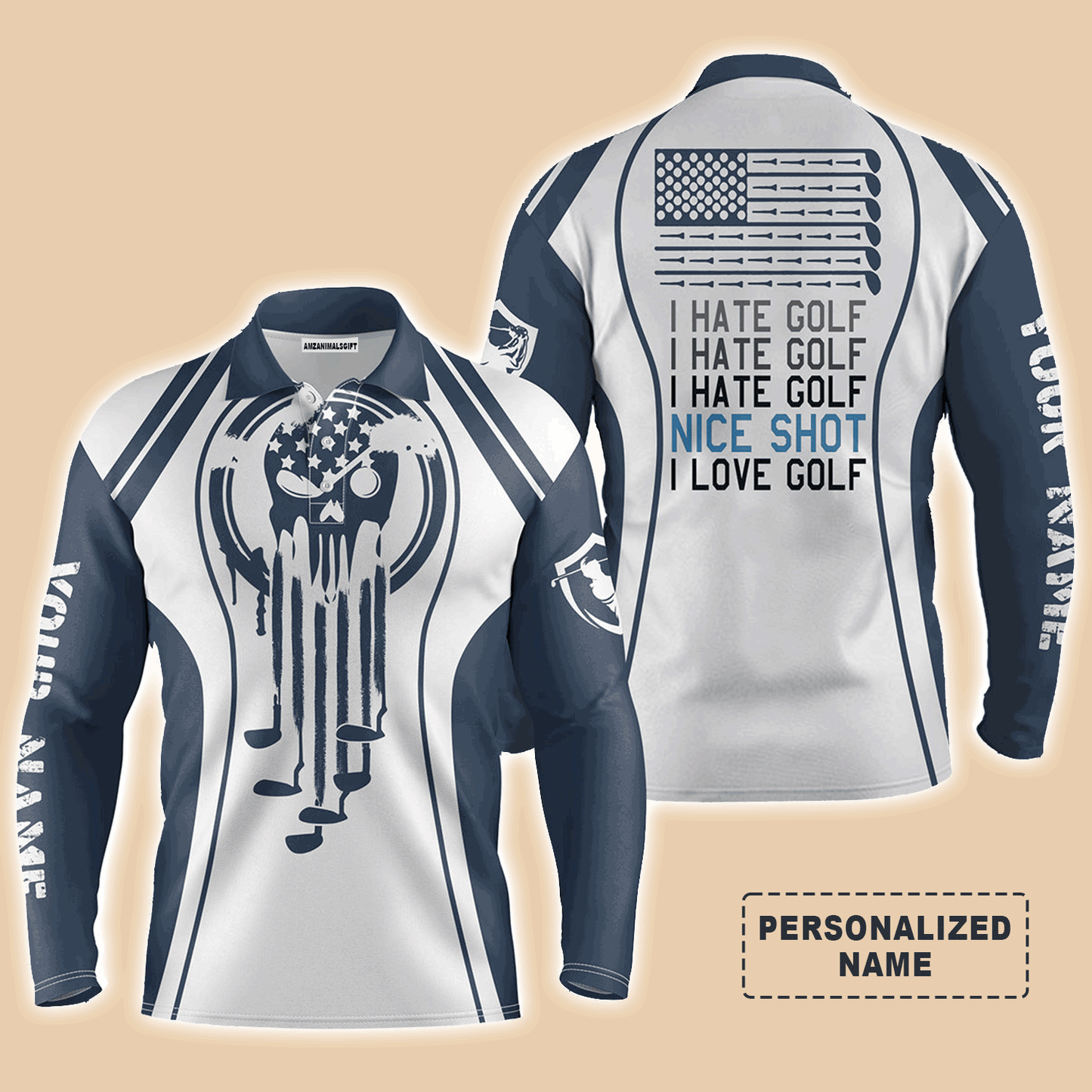 Custom Golf Long Sleeve Men Polo Shirt - Custom Name Skull Blue White Apparel - I Hate Golf Nice Shot I Love Golf Men Polo Shirt Golf Lover