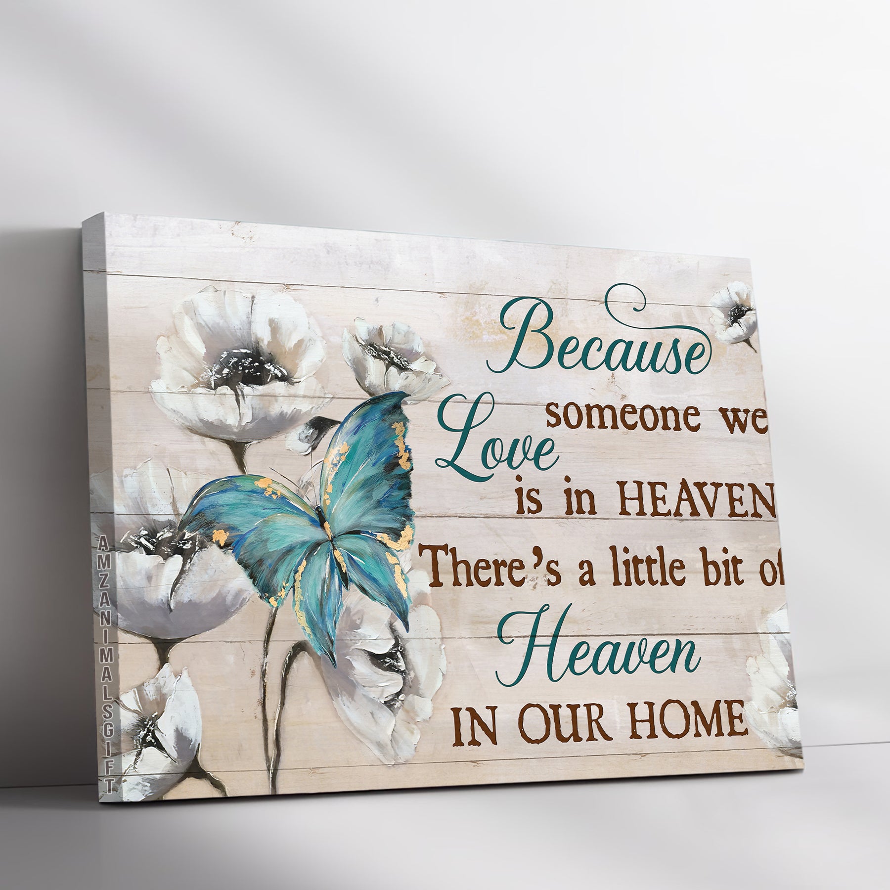 Memorial Premium Wrapped Landscape Canvas - White Poppy, Blue Butterfly, There's A Little Bit Of Heaven In Our Home - Heaven Gift For Members Family