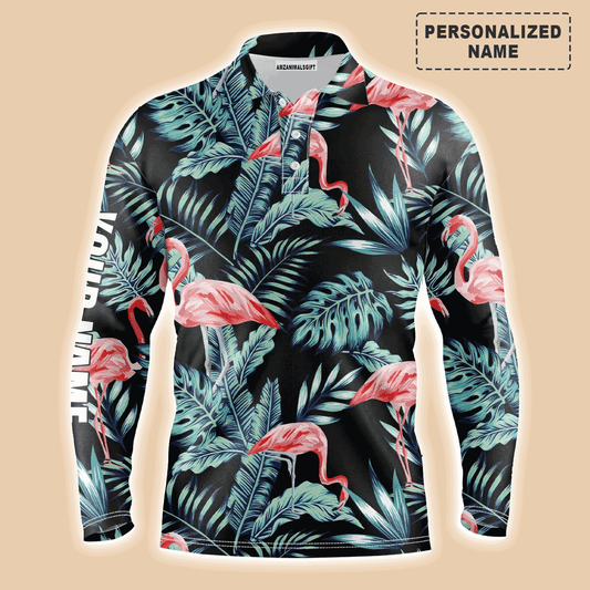 Custom Golf Long Sleeve Men Polo Shirt - Blue Forest Jungle Pattern Pink Flamingo Custom Name Apparel Men Polo Shirt - Perfect Polo Shirt For Men