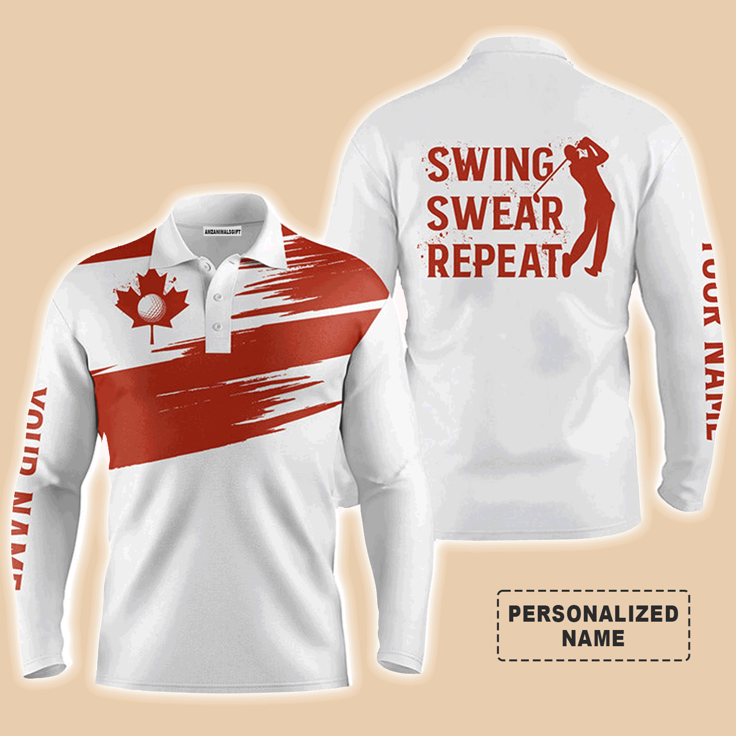 Custom Golf Long Sleeve Men Polo Shirt - Custom Name Canada Flag Apparel, Swing Swear Repeat Men Polo Shirt  For Men,Golf Lover