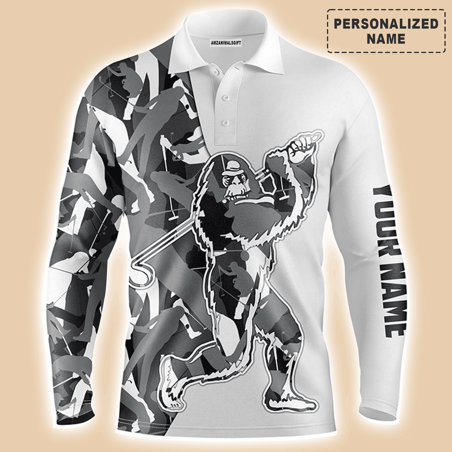 Custom Golf Long Sleeve Men Polo Shirt-Custom Gray Camo Pattern Sasquatch Playing Golf Apparel Men Polo Shirt For Men, Golf Lover