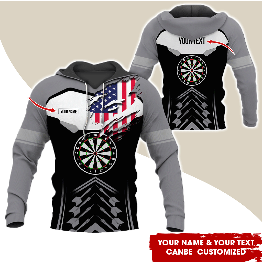 Personalized American Flag Darts Premium Hoodie, Customized Name & Text Darts Black & White Hoodie, Perfect Gift For Darts Lovers, Darts Player